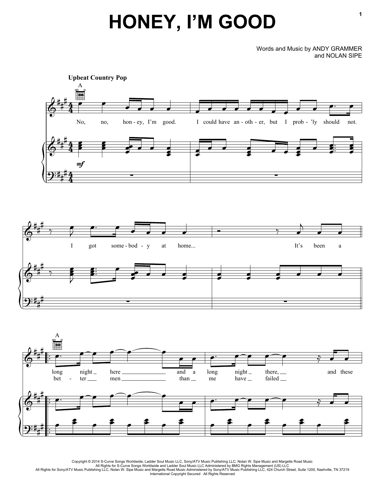 Learn to play Andy Grammer Honey, I'm Good sheet music for Piano, Vocal & Guitar (Right-Hand Melody) in minutes. Andy Grammer Honey, I'm Good sheet music preview music notes and score for Piano, Vocal & Guitar (Right-Hand Melody) including 8 page(s)