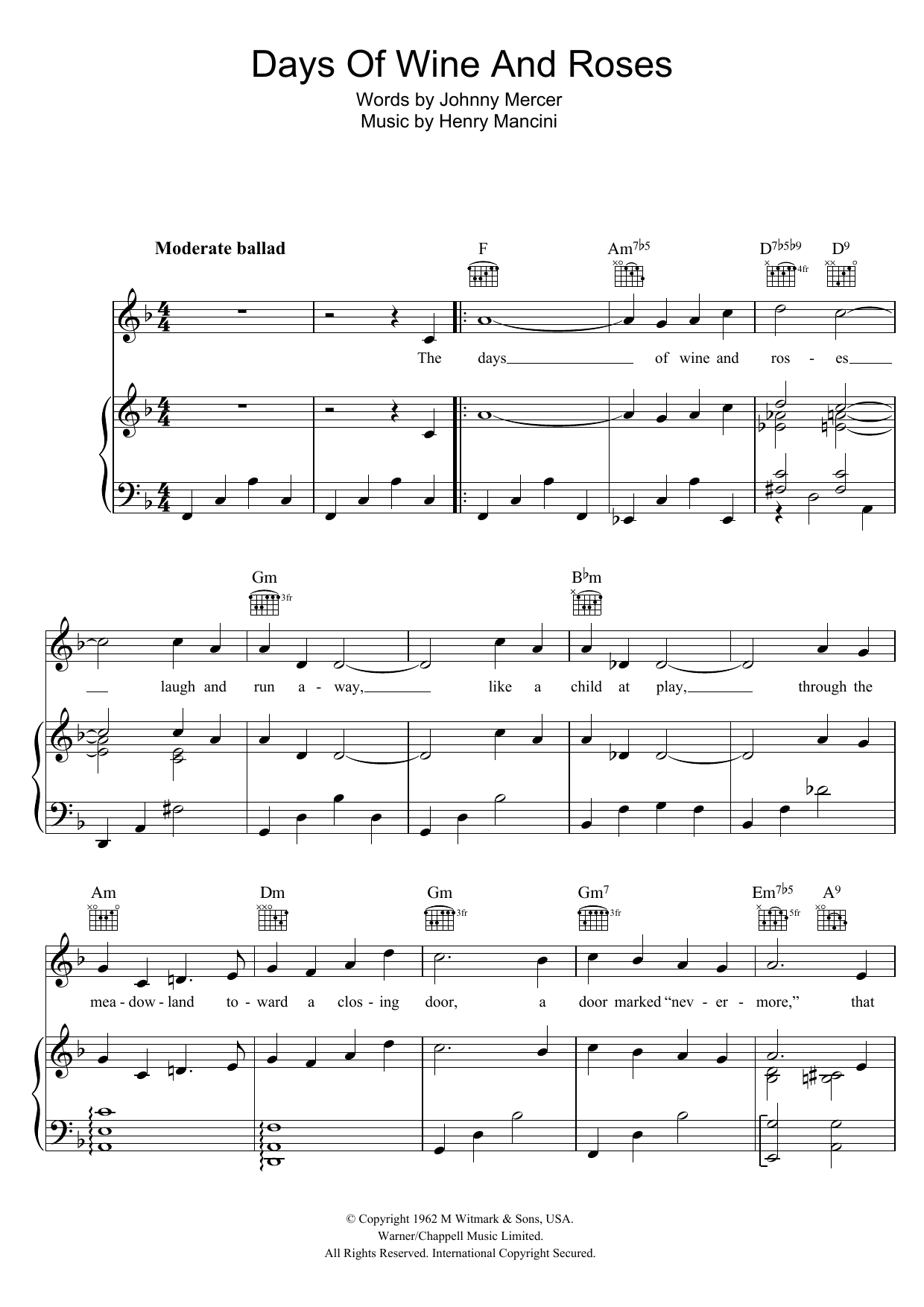 Learn to play Andy Williams Days Of Wine And Roses sheet music for Piano, Vocal & Guitar (Right-Hand Melody) in minutes. Andy Williams Days Of Wine And Roses sheet music preview music notes and score for Piano, Vocal & Guitar (Right-Hand Melody) including 2 page(s)