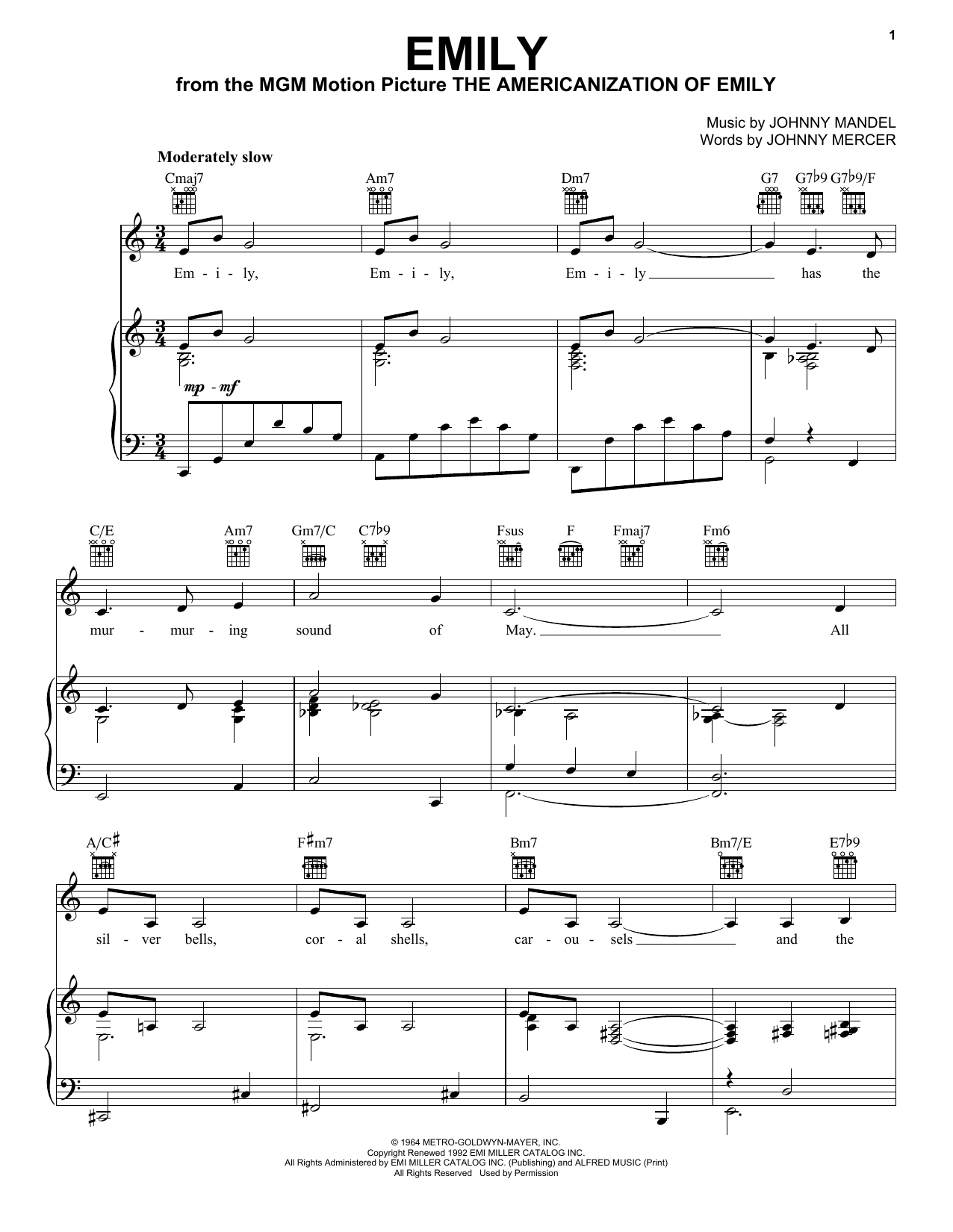 Learn to play Andy Williams Emily sheet music for Piano, Vocal & Guitar (Right-Hand Melody) in minutes. Andy Williams Emily sheet music notes and chords