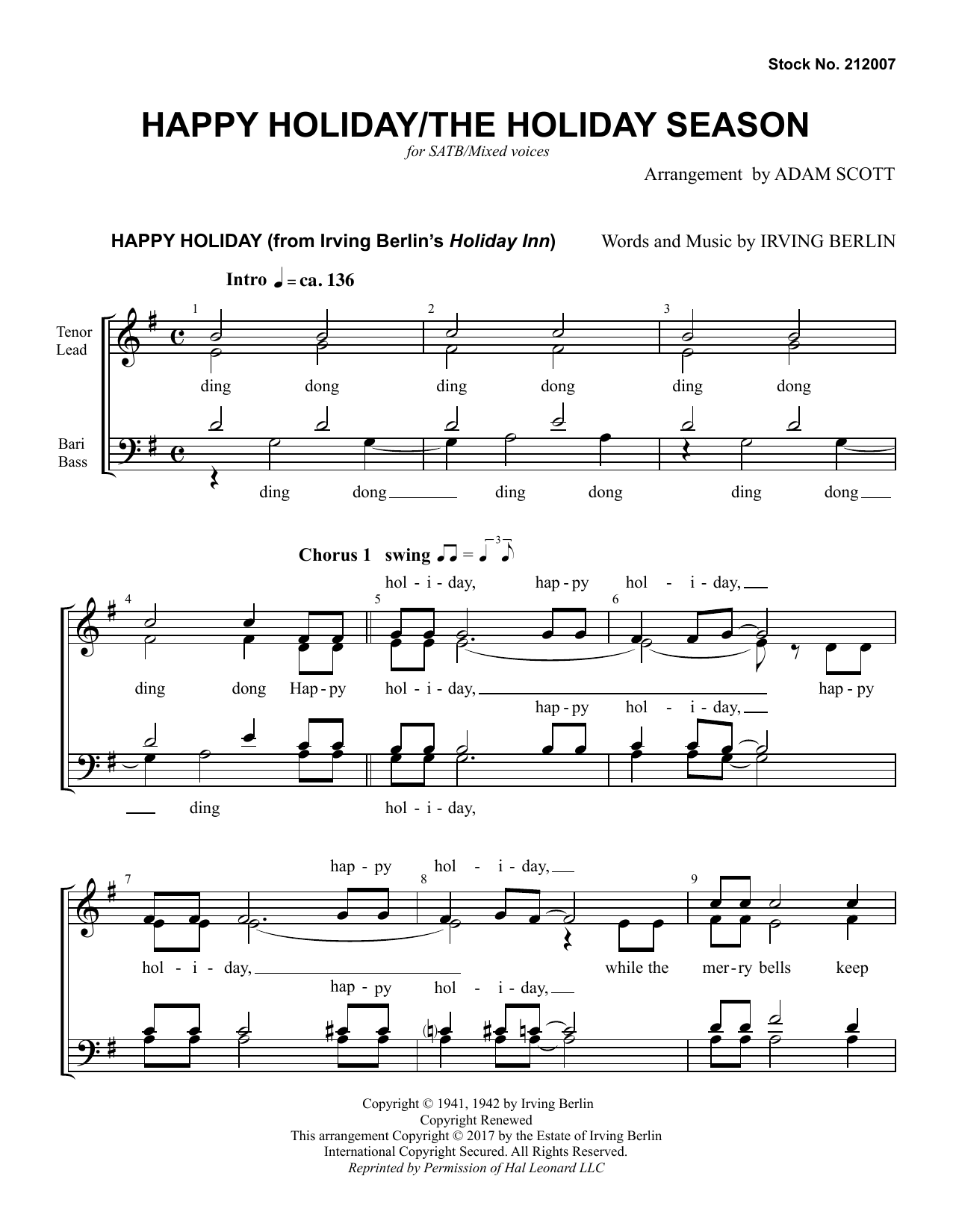 Learn to play Andy Williams Happy Holiday/The Holiday Season (arr. Adam Scott) sheet music for SSAA Choir in minutes. Andy Williams Happy Holiday/The Holiday Season (arr. Adam Scott) sheet music preview music notes and score for SSAA Choir including 8 page(s)