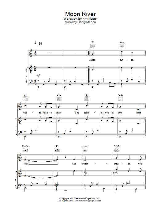 Learn to play Andy Williams Moon River sheet music for Piano & Vocal in minutes. Andy Williams Moon River sheet music preview music notes and score for Piano & Vocal including 6 page(s)