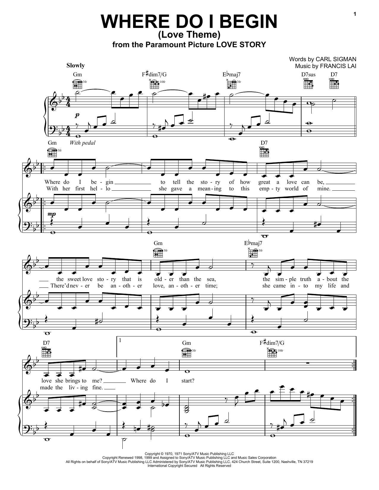 Learn to play Andy Williams Where Do I Begin (Love Theme) sheet music for Piano, Vocal & Guitar (Right-Hand Melody) in minutes. Andy Williams Where Do I Begin (Love Theme) sheet music preview music notes and score for Piano, Vocal & Guitar (Right-Hand Melody) including 4 page(s)