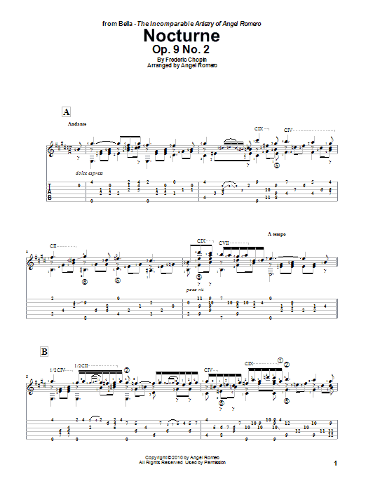Learn to play Angel Romero Nocturne, Op. 9 No. 2 sheet music for Guitar Tab in minutes. Angel Romero Nocturne, Op. 9 No. 2 sheet music preview music notes and score for Guitar Tab including 5 page(s)