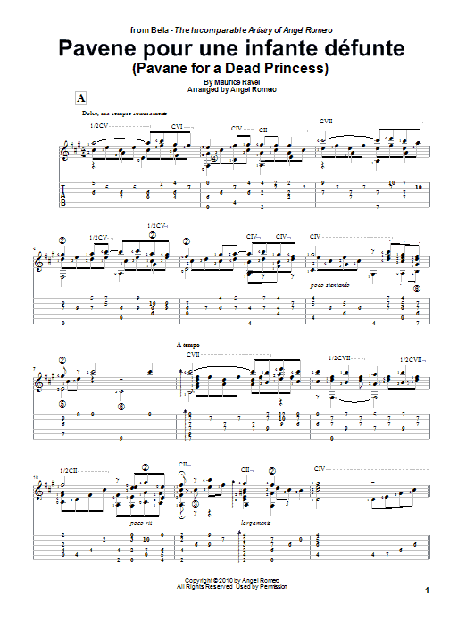 Angel Romero Pavane Pour Une Infante Defunte (Pavane For A Dead Princess) sheet music preview music notes and score for Guitar Tab including 6 page(s)