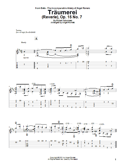 Learn to play Angel Romero Traumerei (Reverie), Op. 15 No. 7 sheet music for Guitar Tab in minutes. Angel Romero Traumerei (Reverie), Op. 15 No. 7 sheet music preview music notes and score for Guitar Tab including 2 page(s)