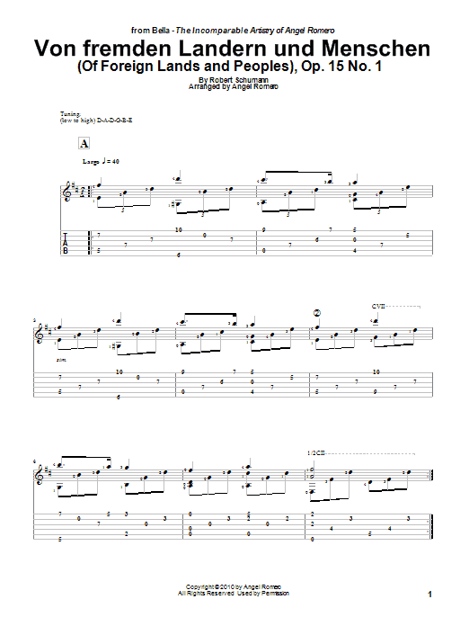 Learn to play Angel Romero Von Fremden Landern Und Menschen (Of Foreign Lands and Peoples), Op. 15 No. 1 sheet music for Guitar Tab in minutes. Angel Romero Von Fremden Landern Und Menschen (Of Foreign Lands and Peoples), Op. 15 No. 1 sheet music preview music notes and score for Guitar Tab including 2 page(s)