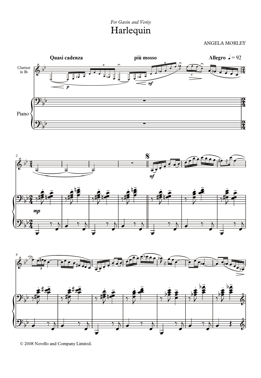 Angela Morley Harlequin (score and parts) sheet music, chords, lyrics - Printable PDF for Clarinet