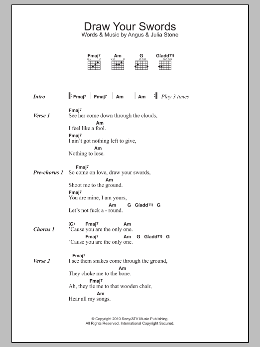 Angus & Julia Stone Draw Your Swords sheet music, chords, lyrics - Printable PDF for Lyrics & Chords