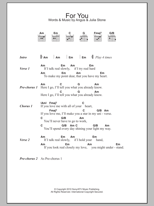 Angus & Julia Stone For You sheet music, chords, lyrics - Printable PDF for Lyrics & Chords