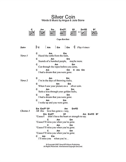 Learn to play Angus & Julia Stone Silver Coin sheet music for Lyrics & Chords in minutes. Angus & Julia Stone Silver Coin sheet music preview music notes and score for Lyrics & Chords including 2 page(s)