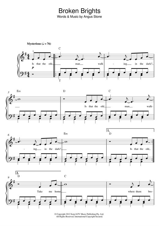 Angus Stone Broken Brights sheet music, chords, lyrics - Printable PDF for Beginner Piano