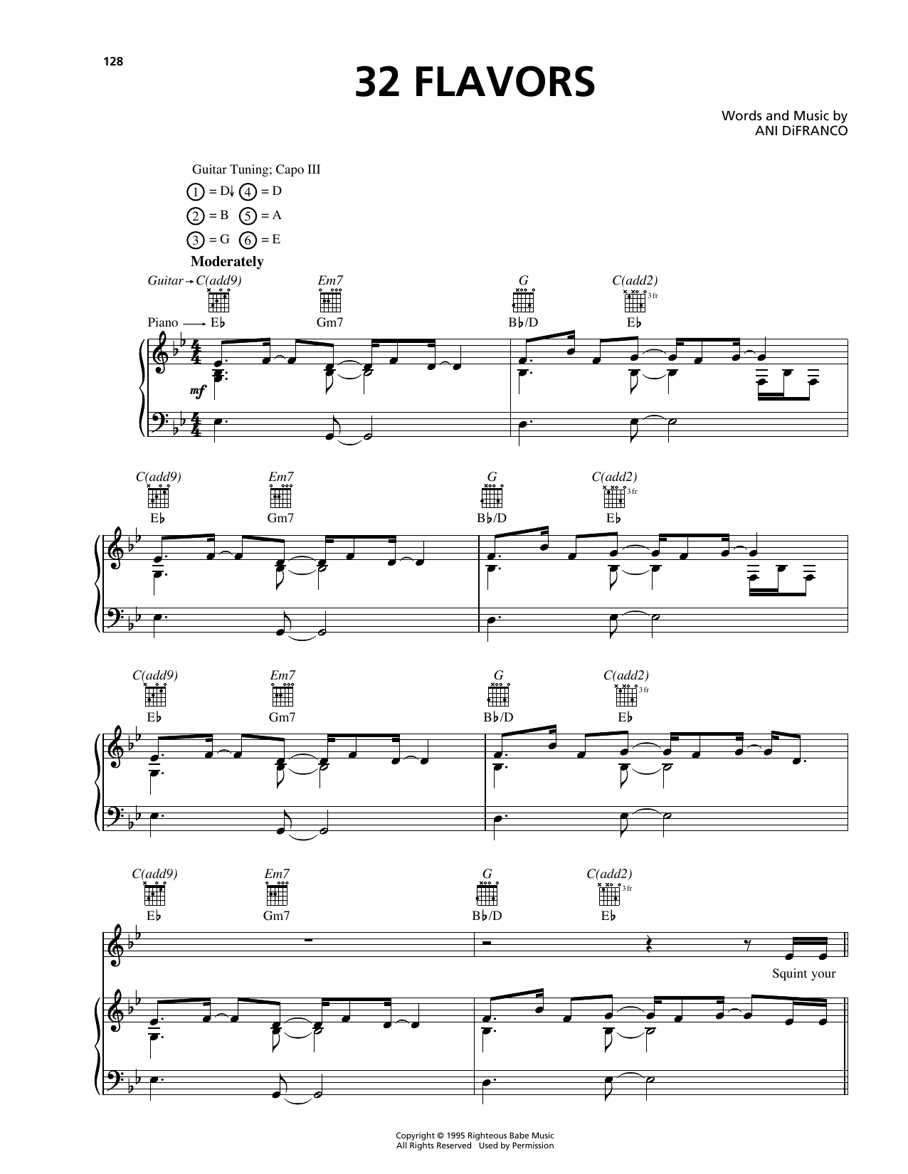 Learn to play Ani DiFranco 32 Flavors sheet music for Piano, Vocal & Guitar (Right-Hand Melody) in minutes. Ani DiFranco 32 Flavors sheet music preview music notes and score for Piano, Vocal & Guitar (Right-Hand Melody) including 9 page(s)