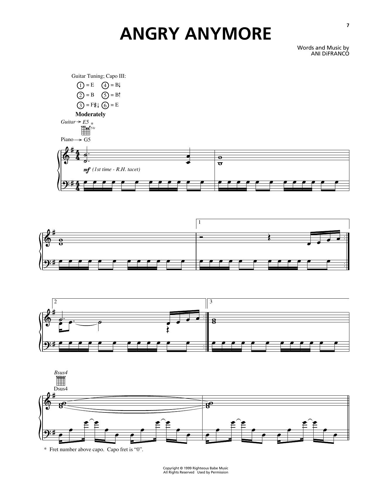 Learn to play Ani DiFranco Angry Anymore sheet music for Guitar Tab in minutes. Ani DiFranco Angry Anymore sheet music preview music notes and score for Guitar Tab including 5 page(s)