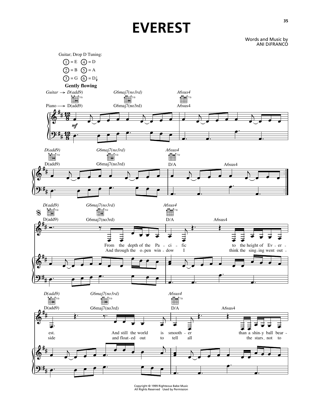 Learn to play Ani DiFranco Everest sheet music for Piano, Vocal & Guitar (Right-Hand Melody) in minutes. Ani DiFranco Everest sheet music preview music notes and score for Piano, Vocal & Guitar (Right-Hand Melody) including 7 page(s)