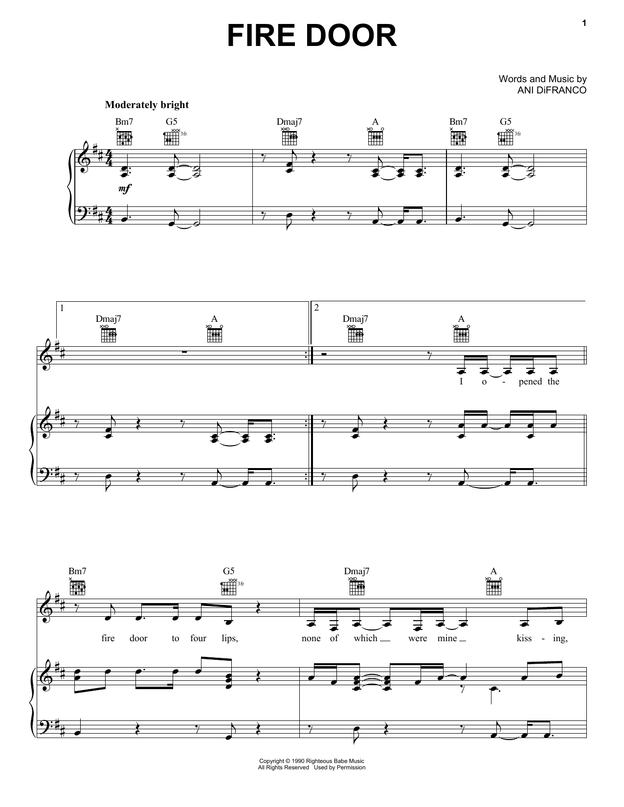 Learn to play Ani DiFranco Fire Door sheet music for Piano, Vocal & Guitar (Right-Hand Melody) in minutes. Ani DiFranco Fire Door sheet music preview music notes and score for Piano, Vocal & Guitar (Right-Hand Melody) including 6 page(s)