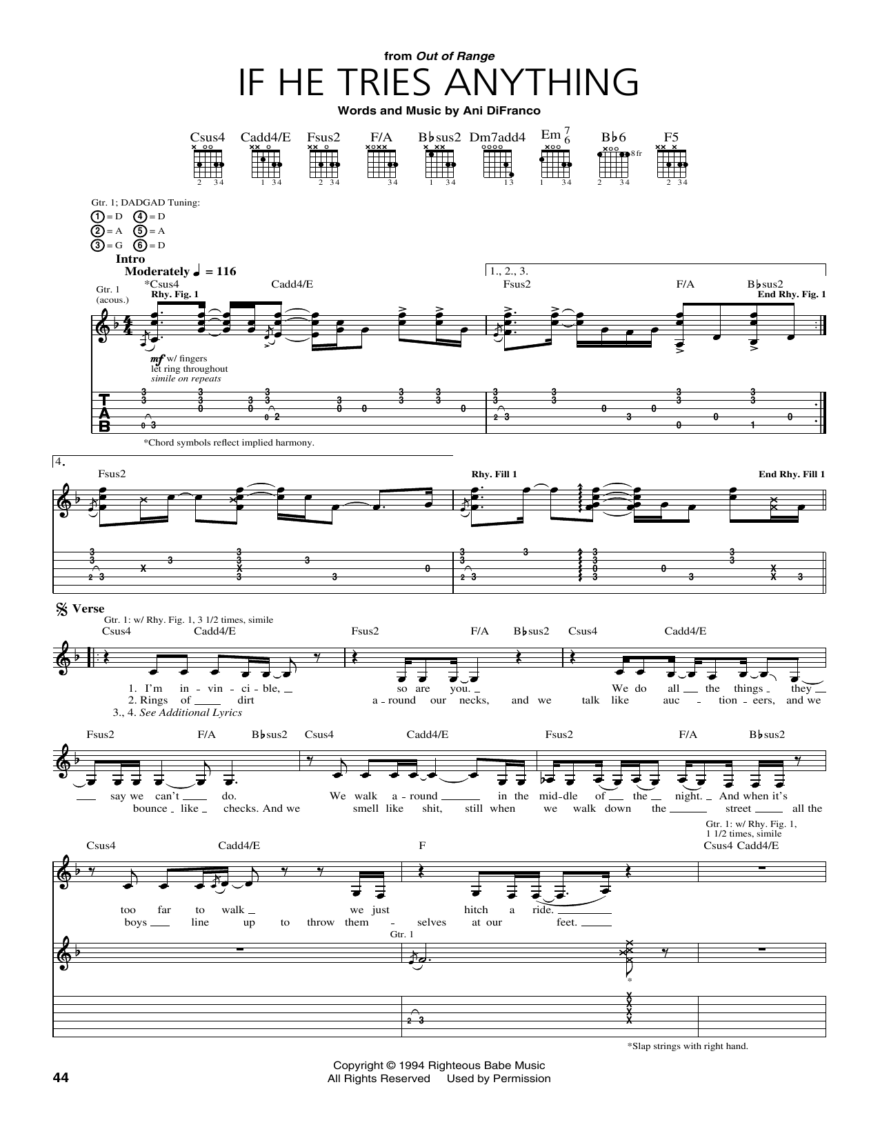 Learn to play Ani DiFranco If He Tries Anything sheet music for Guitar Tab in minutes. Ani DiFranco If He Tries Anything sheet music preview music notes and score for Guitar Tab including 3 page(s)