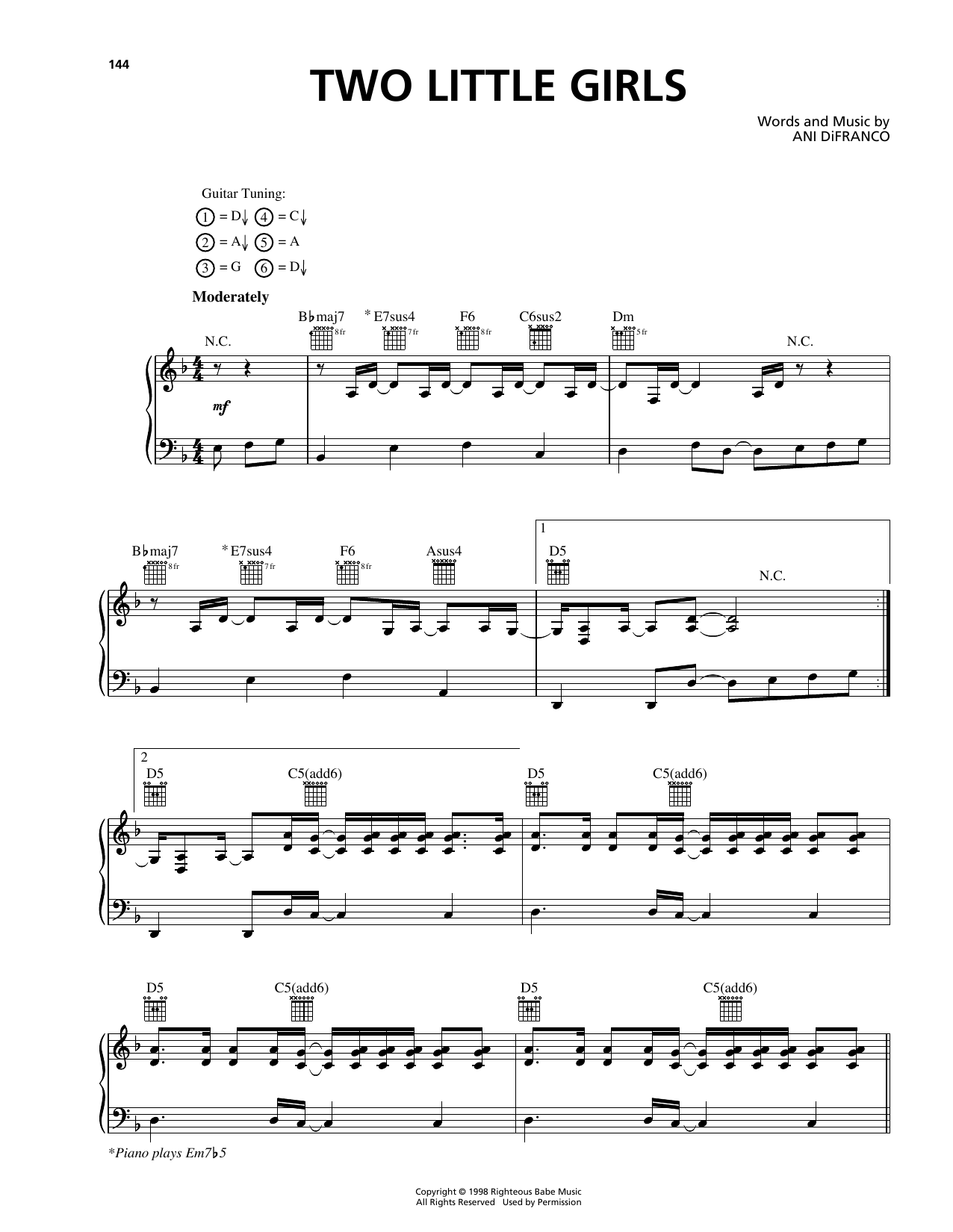 Learn to play Ani DiFranco Two Little Girls sheet music for Piano, Vocal & Guitar (Right-Hand Melody) in minutes. Ani DiFranco Two Little Girls sheet music preview music notes and score for Piano, Vocal & Guitar (Right-Hand Melody) including 9 page(s)