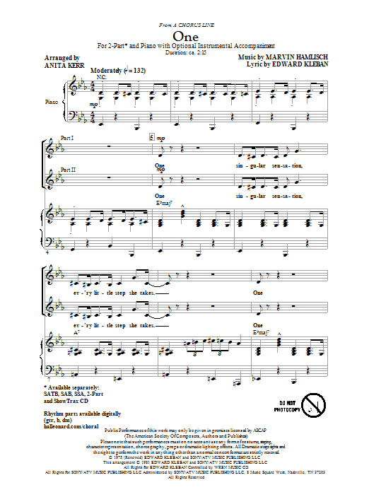 Learn to play Marvin Hamlisch One (from A Chorus Line) (arr. Anita Kerr) sheet music for 2-Part Choir in minutes. Marvin Hamlisch One (from A Chorus Line) (arr. Anita Kerr) sheet music notes and chords