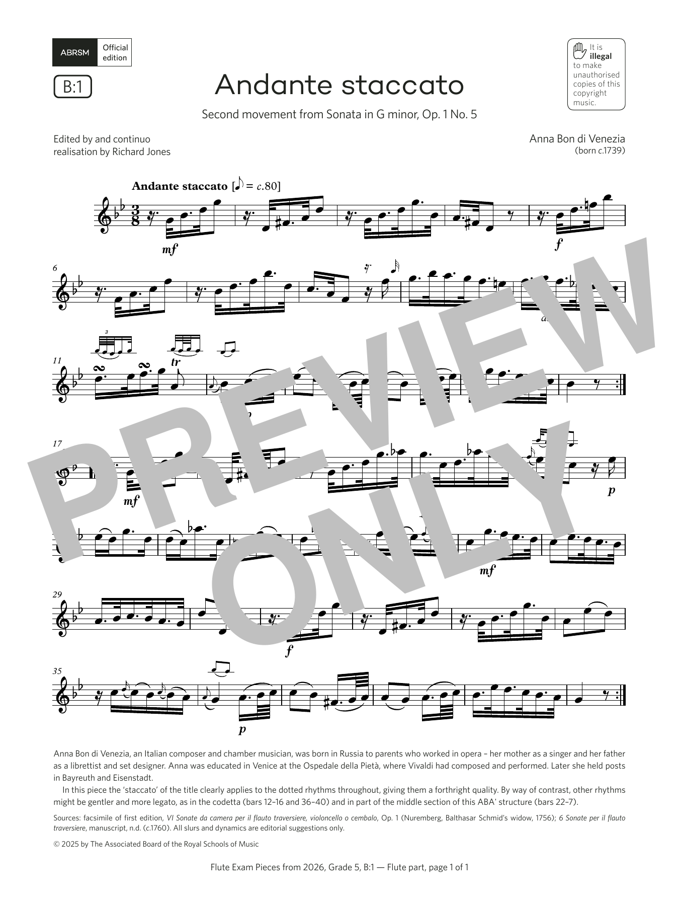 Anna Bon di Venezia Andante staccato (Grade 5, list B1, from the ABRSM Flute Syllabus from 2026) sheet music, chords, lyrics - Printable PDF for Flute Solo
