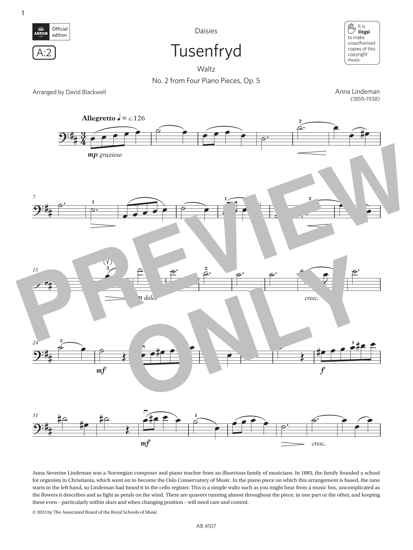 Anna Lindeman Tusenfryd (Grade 4, A2, from the ABRSM Cello Syllabus from 2024) sheet music, chords, lyrics - Printable PDF for Cello Solo