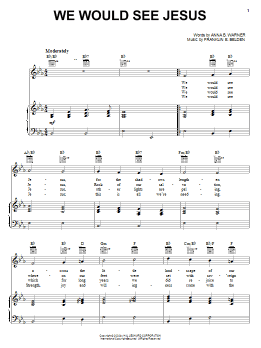 Learn to play Anna B. Warner We Would See Jesus sheet music for Easy Piano in minutes. Anna B. Warner We Would See Jesus sheet music notes and chords
