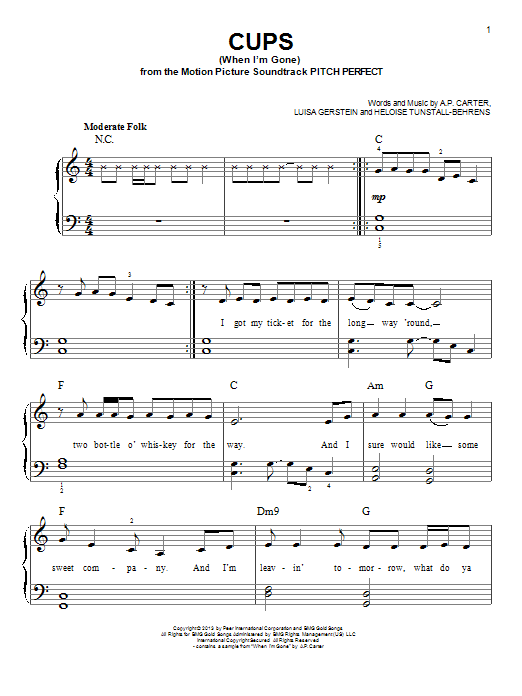 Learn to play Anna Kendrick Cups (When I'm Gone) sheet music for Piano in minutes. Anna Kendrick Cups (When I'm Gone) sheet music preview music notes and score for Piano including 4 page(s)