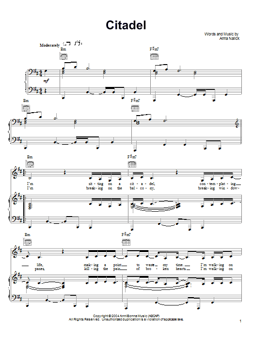 Learn to play Anna Nalick Citadel sheet music for Piano, Vocal & Guitar (Right-Hand Melody) in minutes. Anna Nalick Citadel sheet music preview music notes and score for Piano, Vocal & Guitar (Right-Hand Melody) including 5 page(s)