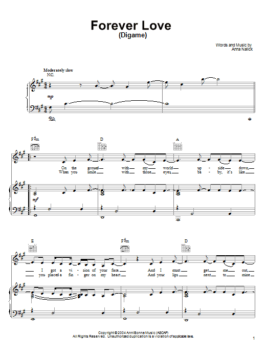 Learn to play Anna Nalick Forever Love (Digame) sheet music for Piano, Vocal & Guitar (Right-Hand Melody) in minutes. Anna Nalick Forever Love (Digame) sheet music preview music notes and score for Piano, Vocal & Guitar (Right-Hand Melody) including 3 page(s)
