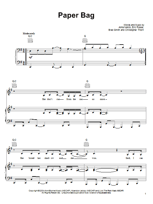 Learn to play Anna Nalick Paper Bag sheet music for Piano, Vocal & Guitar (Right-Hand Melody) in minutes. Anna Nalick Paper Bag sheet music preview music notes and score for Piano, Vocal & Guitar (Right-Hand Melody) including 6 page(s)