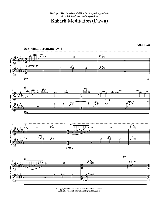 Learn to play Anne Boyd Kabarli Meditation (Dawn) sheet music for Piano in minutes. Anne Boyd Kabarli Meditation (Dawn) sheet music notes and chords
