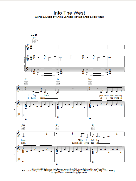 Learn to play Annie Lennox Into The West (from The Lord Of The Rings: The Return Of The King) sheet music for Piano, Vocal & Guitar (Right-Hand Melody) in minutes. Annie Lennox Into The West (from The Lord Of The Rings: The Return Of The King) sheet music preview music notes and score for Piano, Vocal & Guitar (Right-Hand Melody) including 7 page(s)