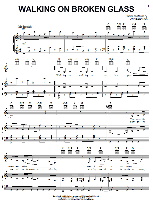 Learn to play Annie Lennox Walking On Broken Glass sheet music for Piano, Vocal & Guitar (Right-Hand Melody) in minutes. Annie Lennox Walking On Broken Glass sheet music notes and chords