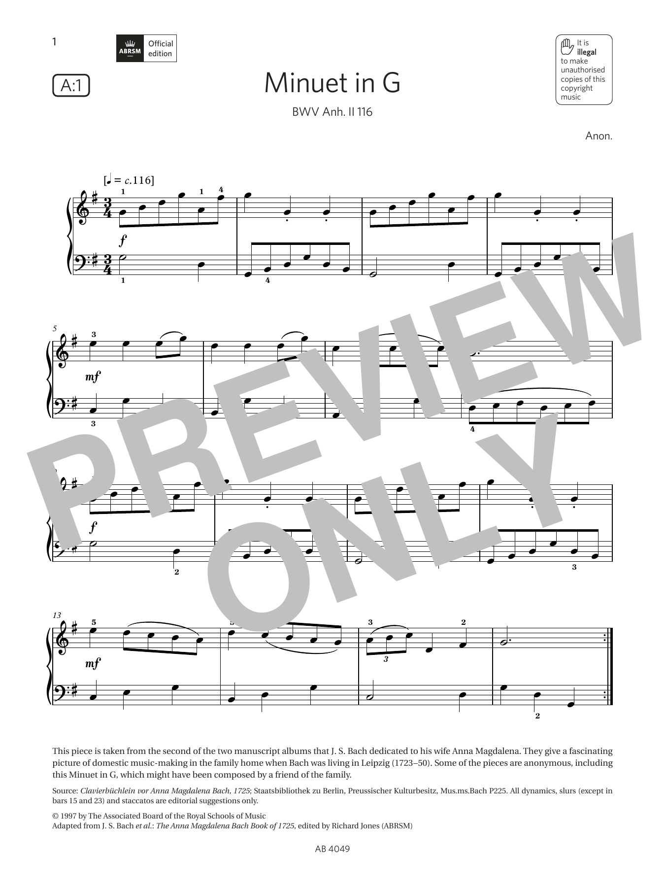 Anon Minuet in G (Grade 3, list A1, from the ABRSM Piano Syllabus 2023 & 2024) sheet music, chords, lyrics - Printable PDF for Piano Solo