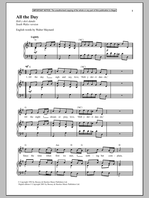 Learn to play Anonymous All The Day (South Wales Version) sheet music for Piano in minutes. Anonymous All The Day (South Wales Version) sheet music notes and chords