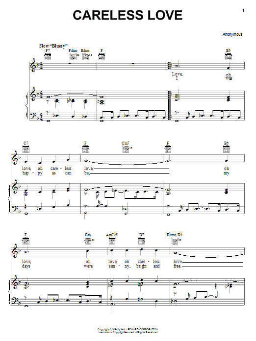 Anonymous Careless Love sheet music preview music notes and score for Piano, Vocal & Guitar (Right-Hand Melody) including 2 page(s)