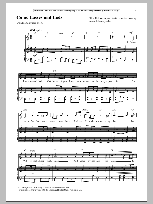 Learn to play Anonymous Come Lasses And Lads sheet music for Piano in minutes. Anonymous Come Lasses And Lads sheet music notes and chords