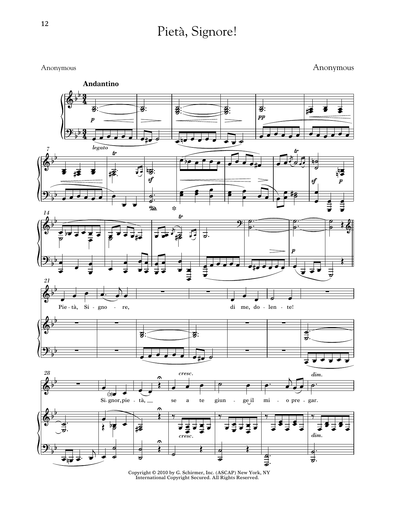 Anonymous Pieta, Signore! (Low Voice) sheet music, chords, lyrics - Printable PDF for Piano & Vocal