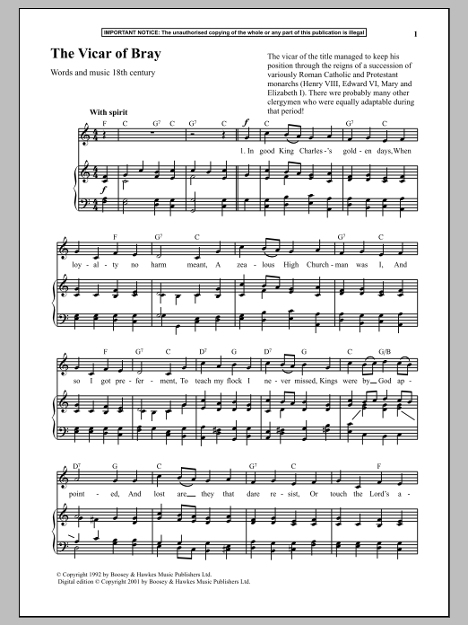 Learn to play Anonymous The Vicar Of Bray sheet music for Piano in minutes. Anonymous The Vicar Of Bray sheet music notes and chords