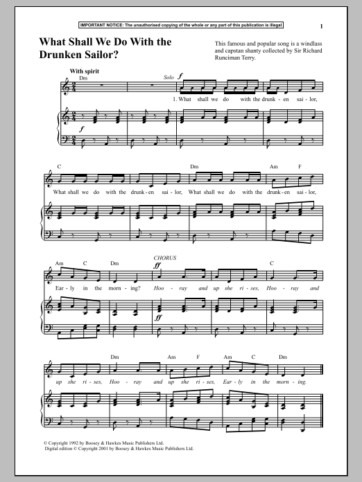 Anonymous What Shall We Do With The Drunken Sailor? sheet music, chords, lyrics - Printable PDF for Piano