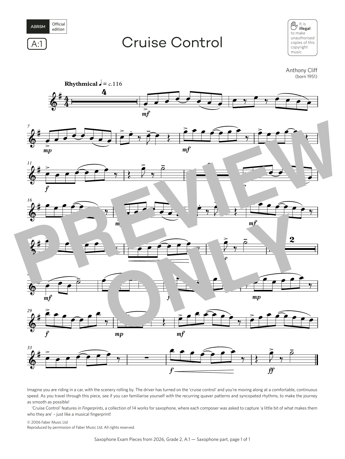 Anthony Cliff Cruise Control (Grade 2, list A1, from the ABRSM Saxophone Syllabus from 2026) sheet music, chords, lyrics - Printable PDF for Alto Sax Solo