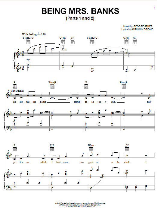 Learn to play Stiles & Drewe Being Mrs. Banks (Parts 1 and 2) sheet music for Piano, Vocal & Guitar (Right-Hand Melody) in minutes. Stiles & Drewe Being Mrs. Banks (Parts 1 and 2) sheet music preview music notes and score for Piano, Vocal & Guitar (Right-Hand Melody) including 7 page(s)