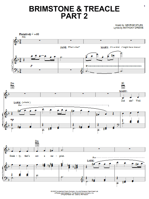 Learn to play Stiles & Drewe Brimstone & Treacle Part 2 sheet music for Piano, Vocal & Guitar (Right-Hand Melody) in minutes. Stiles & Drewe Brimstone & Treacle Part 2 sheet music preview music notes and score for Piano, Vocal & Guitar (Right-Hand Melody) including 13 page(s)