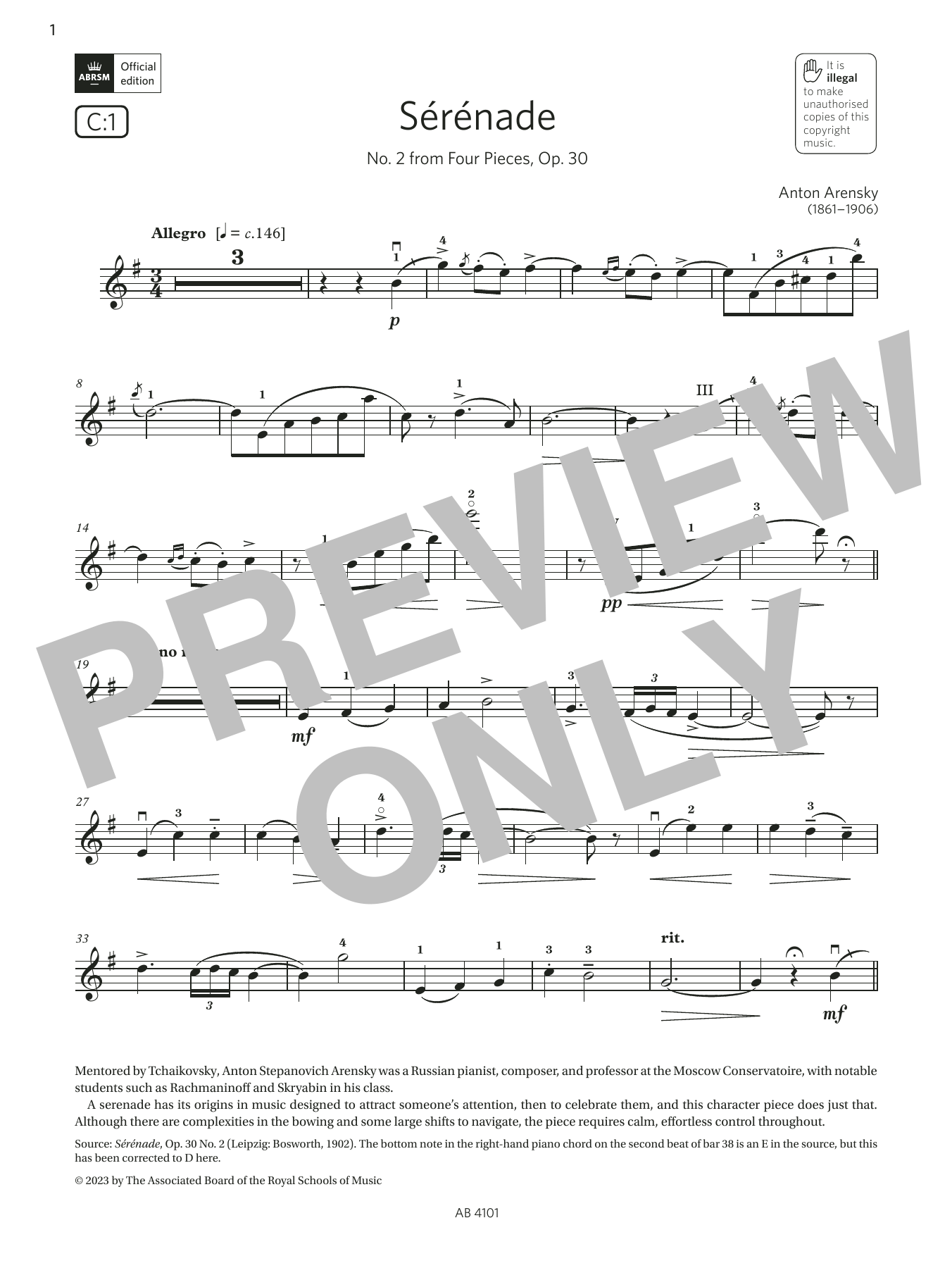 Anton Arensky Sérénade (Grade 7, C1, from the ABRSM Violin Syllabus from 2024) sheet music, chords, lyrics - Printable PDF for Violin Solo