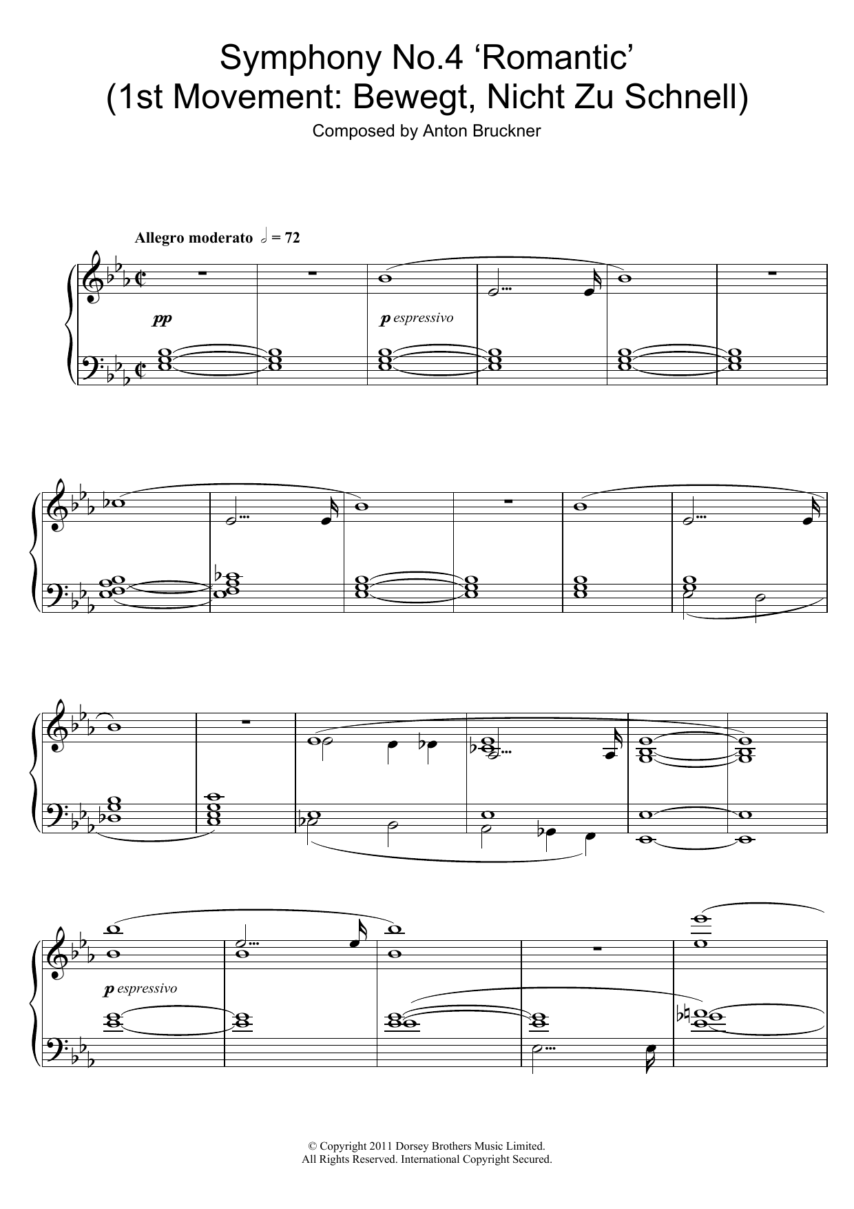 Anton Bruckner Symphony No.4 ‘Romantic' (1st Movement: Bewegt, Nicht Zu Schnell) sheet music, chords, lyrics - Printable PDF for Piano