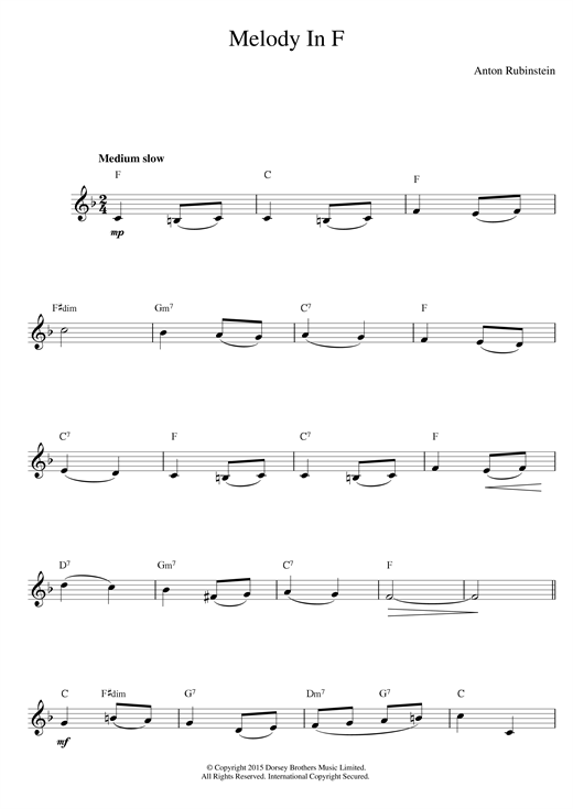 Learn to play Anton Rubinstein Melody In F sheet music for E-Z Play Today in minutes. Anton Rubinstein Melody In F sheet music preview music notes and score for E-Z Play Today including 1 page(s)