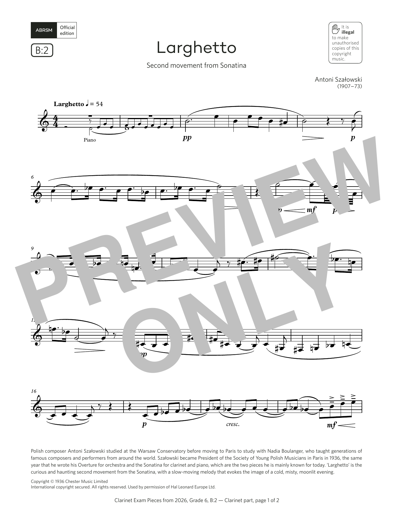 Antoni Szalowski Larghetto (Grade 6, list B2, from the ABRSM Clarinet Syllabus from 2026) sheet music, chords, lyrics - Printable PDF for Clarinet Solo
