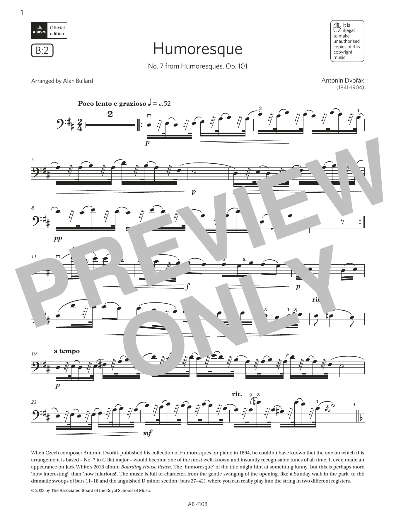 Antonín Dvořák Humoresque (Grade 5, B2, from the ABRSM Cello Syllabus from 2024) sheet music, chords, lyrics - Printable PDF for Cello Solo