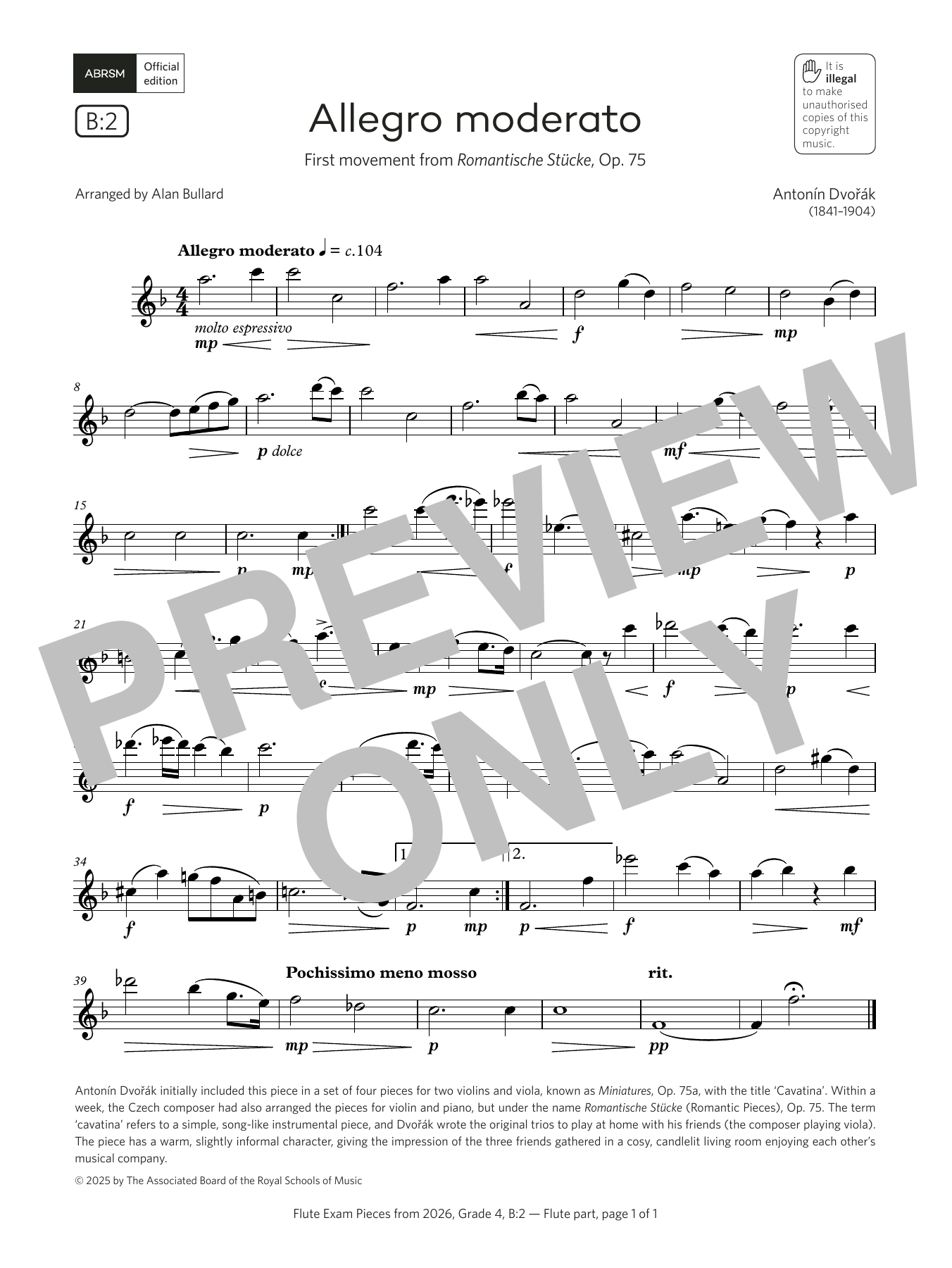 Antonín Dvorák Allegro moderato (Grade 4, list B2, from the ABRSM Flute Syllabus from 2026) sheet music, chords, lyrics - Printable PDF for Flute Solo