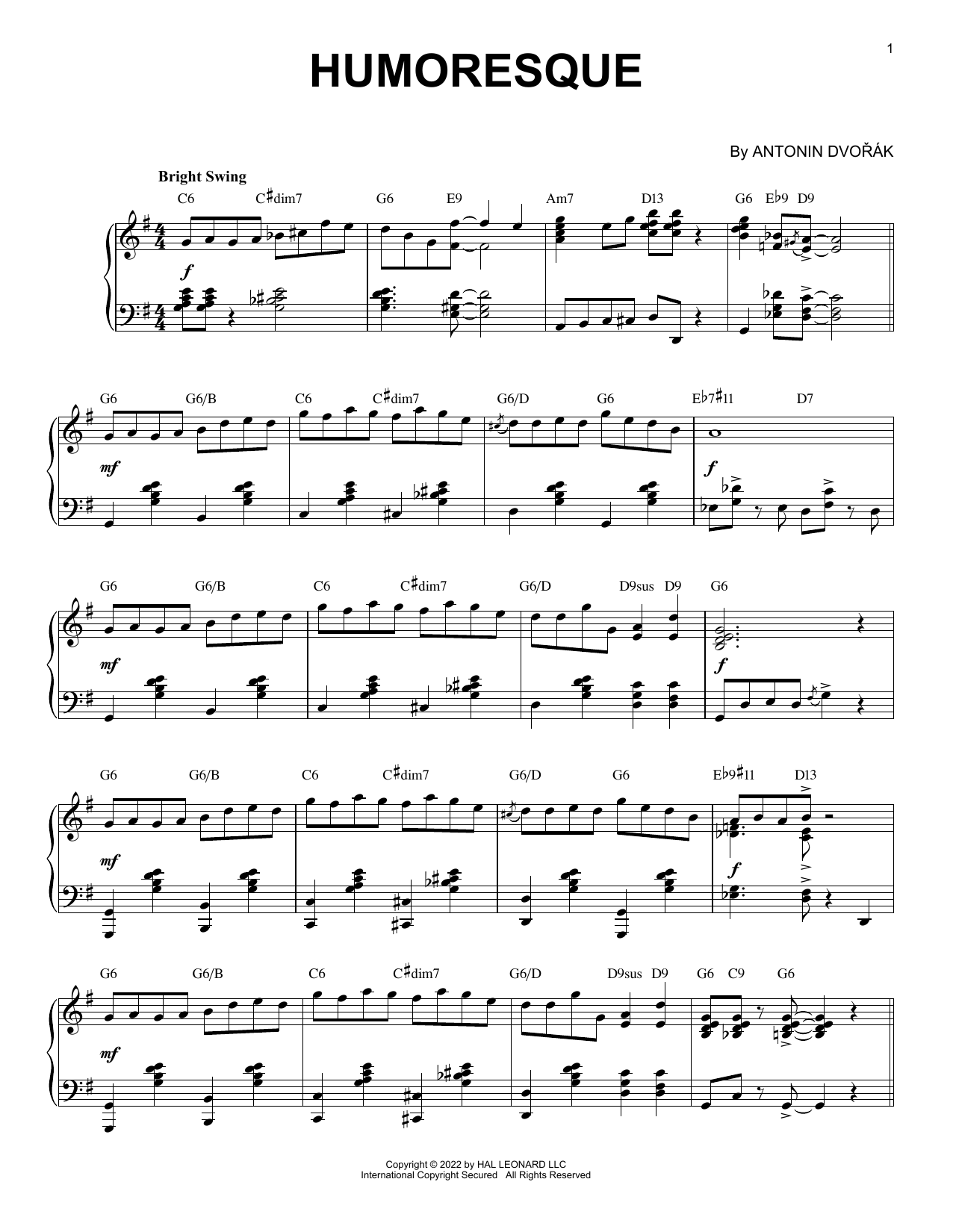 Anton Dvorak Humoresque [Jazz version] (arr. Brent Edstrom) sheet music, chords, lyrics - Printable PDF for Piano Solo