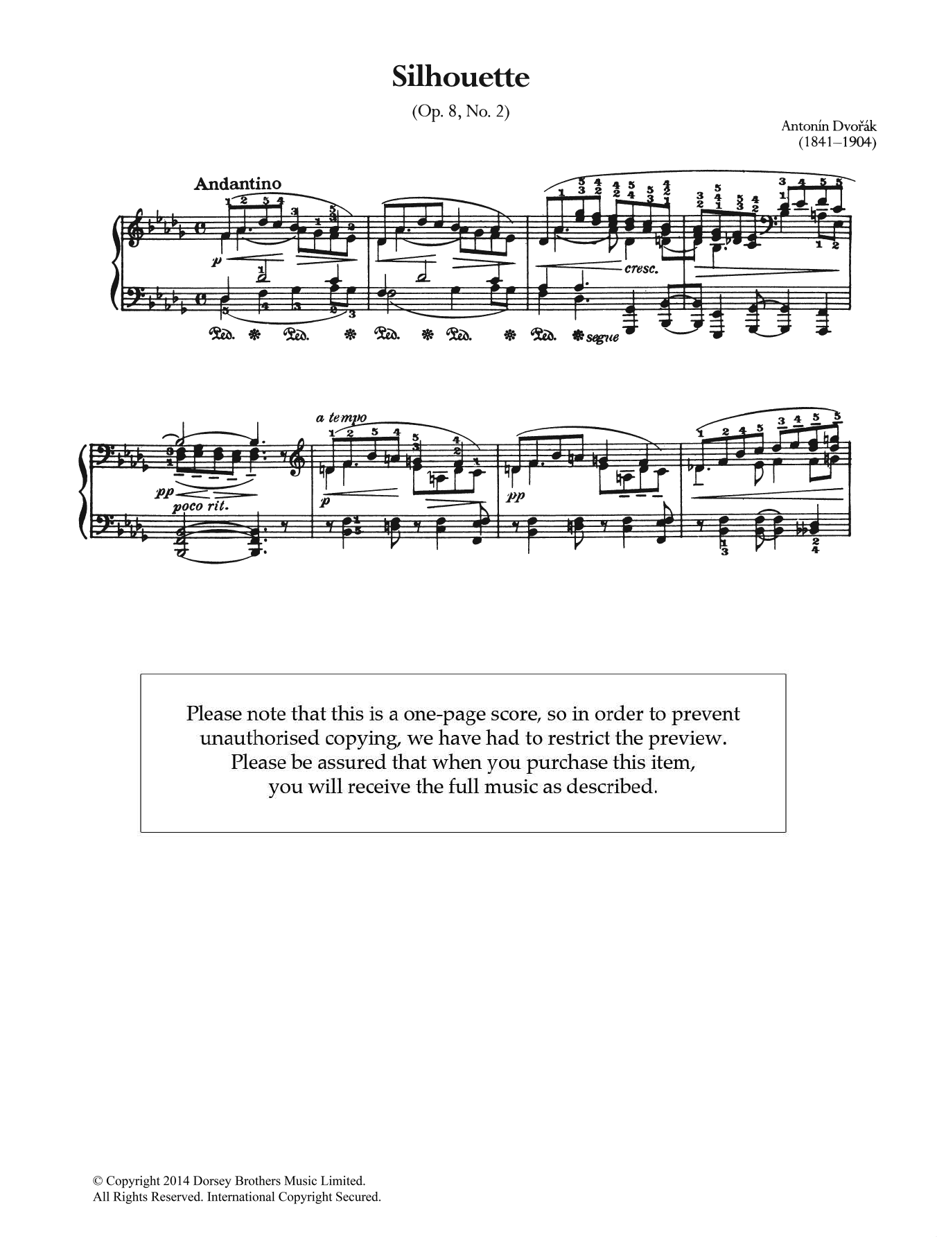 Antonin Dvorak Silhouette, Op.8 No.2 sheet music, chords, lyrics - Printable PDF for Piano
